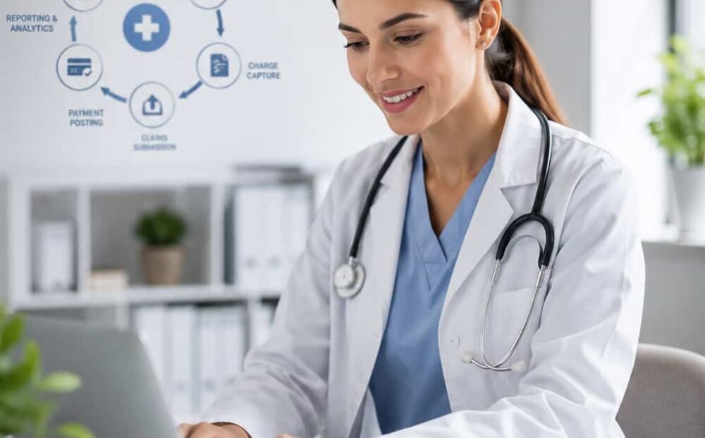 A female doctor engaged with her laptop, analyzing data while seated at a desk filled with medical supplies.