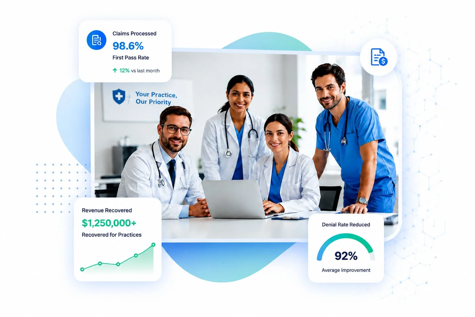 Team of professional doctors and healthcare specialists collaborating in a modern medical office for MediFlows Billing Solutions medical billing services.