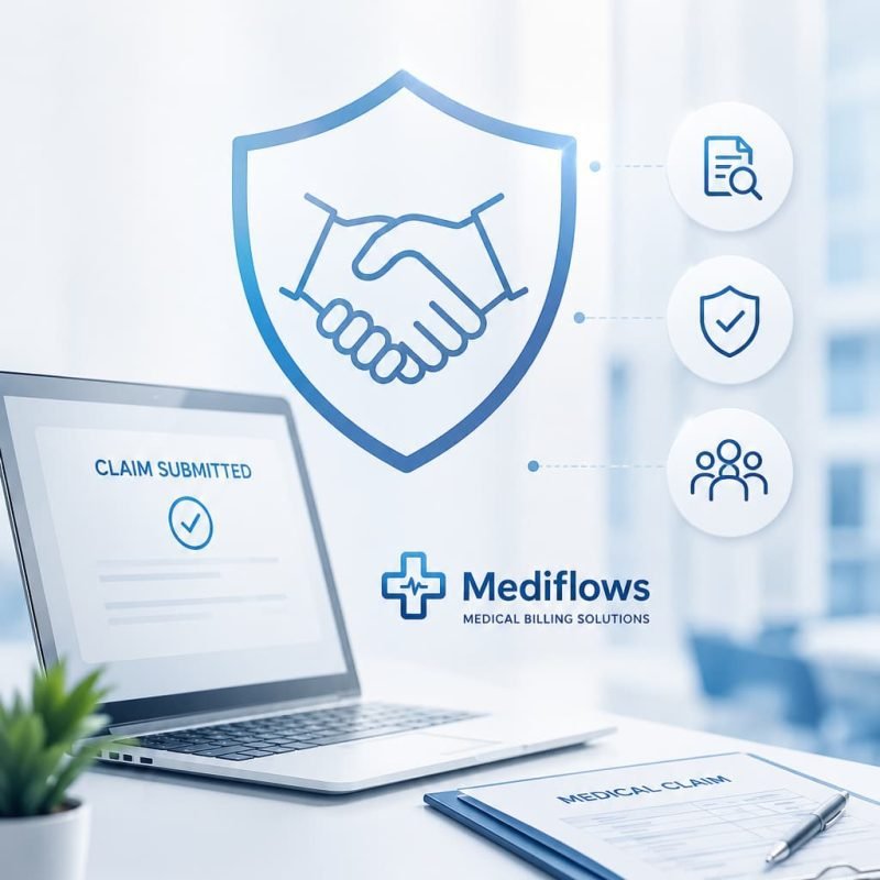 Professional medical billing illustration showing transparency, trust, secure claims processing, and ethical healthcare revenue cycle management by Mediflows.